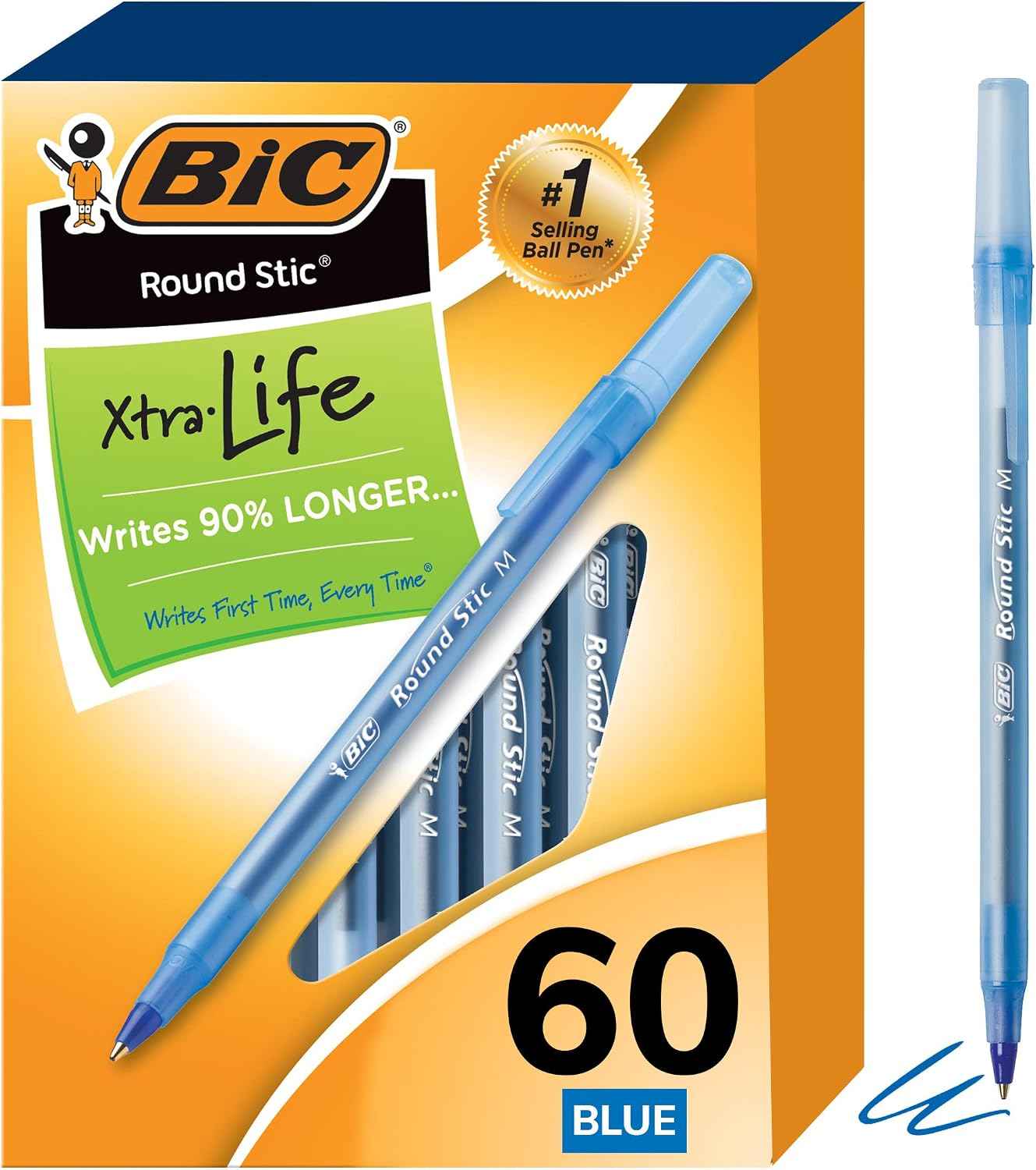 BIC Round Stic Xtra Life Ballpoint Pen, Medium Point (1.0mm), Blue, Flexible Round Barrel For Writing Comfort (Pack of 9, 540 Count Total)