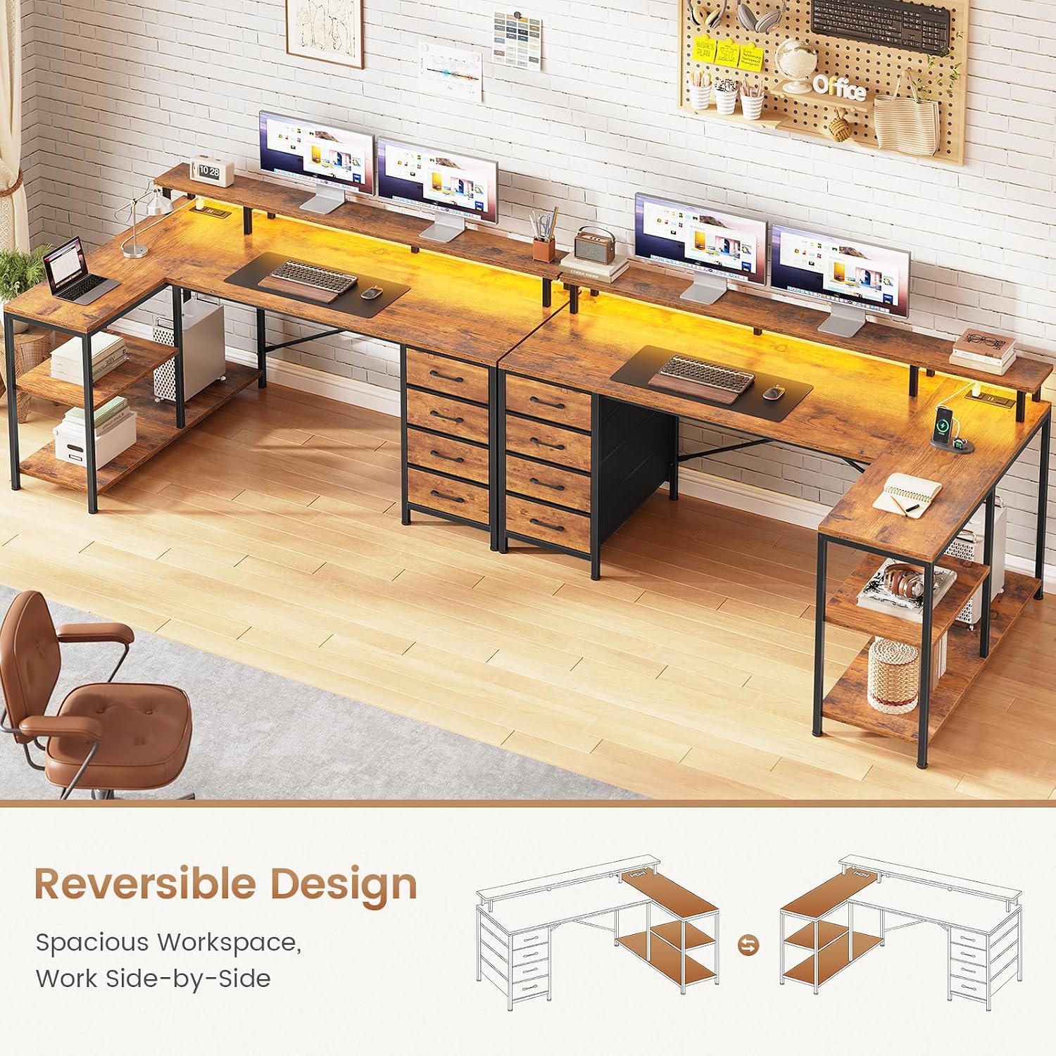 SEDETA L Shaped Desk with 4 Drawers, Shelves, Power Outlets, Rustic Brown