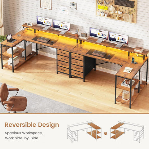 SEDETA L Shaped Desk with 4 Drawers, Shelves, Power Outlets, Rustic Brown