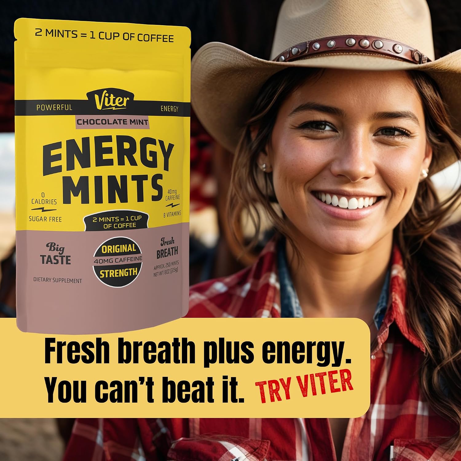 Viter Energy Caffeine Mints 40mg, Sugar Free, Chocolate Mint, 8oz Bulk Bag