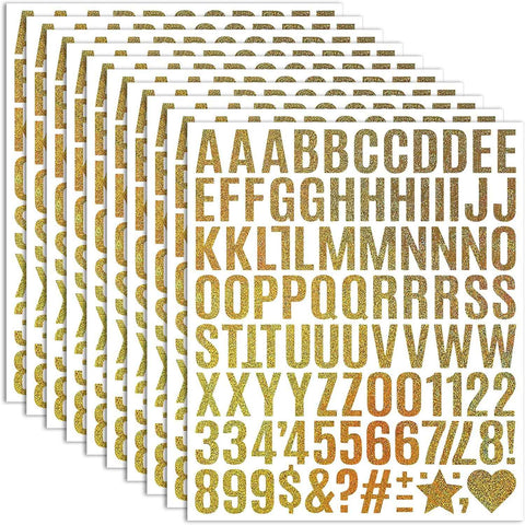10 Sheets Small Letter Stickers - 1 Inch Glitter Gold Vinyl Self Adhesive Alphabet Number Stickers Stick on Letters for Arts Crafts Outdoor Sign Wall Mailbox Windows Doors Car Poster Board