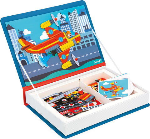 Janod - Magnéti'Book Firefighters - Magnetic Educational Game 60 Magnets + 18 Models - Children's Toy Made of Cardboard - Develops Dexterity and Creativity - Suitable for Ages 3 and Above