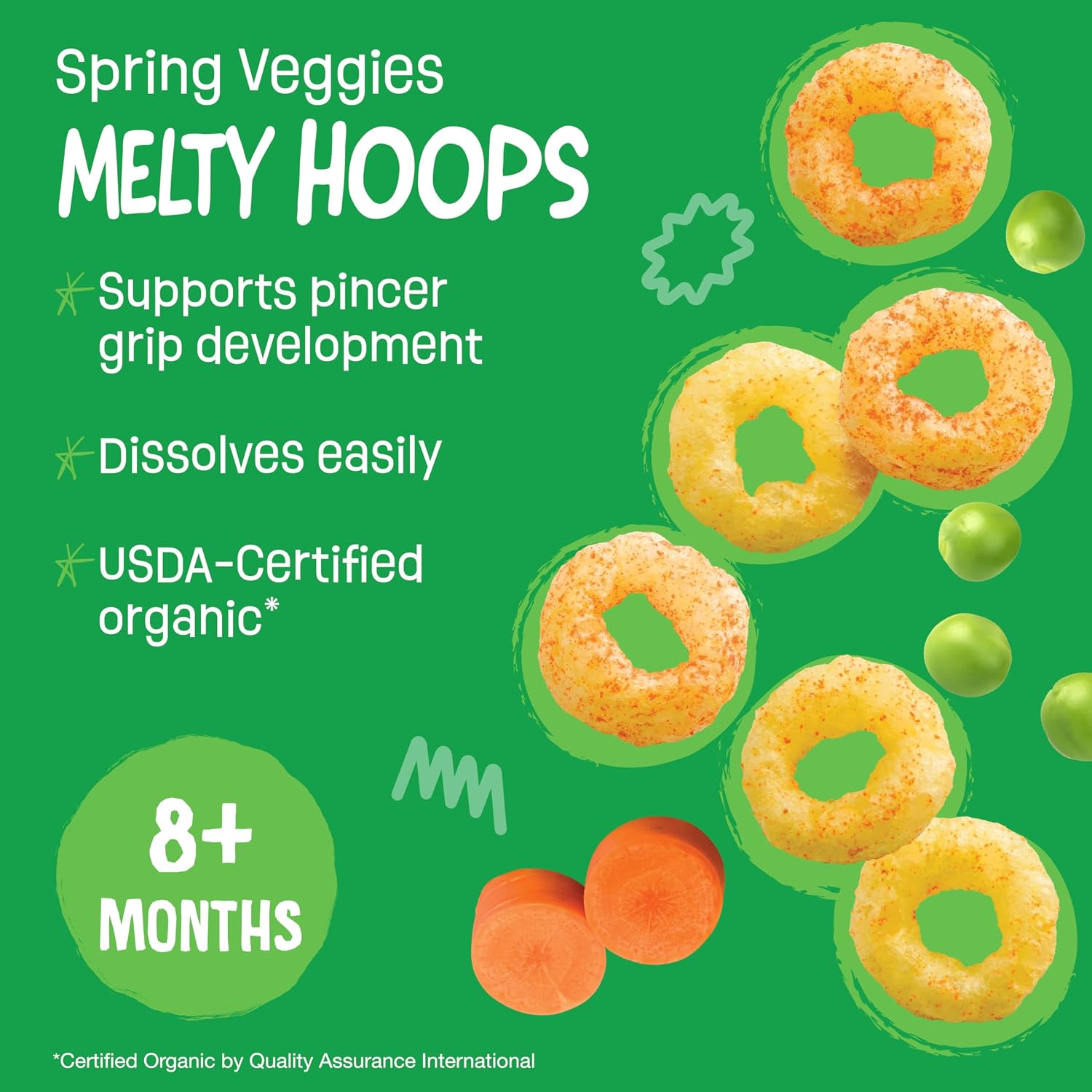 Earth's Best Organic Melty Hoops, Bite-Sized Snacks for Babies 8 Months and Up, Spring Veggie, 0.32 Ounce Individual Bags (Pack of 4)
