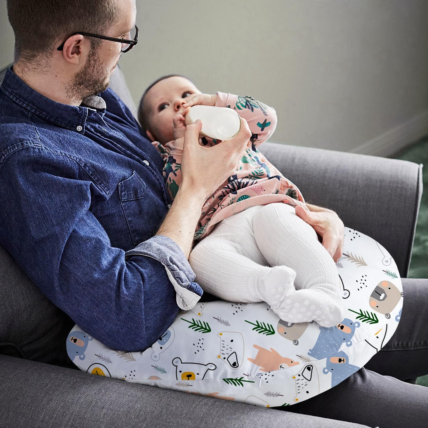Little Grape Land Nursing Pillow for Infants, Extra Firm Breastfeeding Pillows, Baby Pillow for Nursing, Bottle Feeding with Machine Washable Cover & Breathable Filling (Bear)