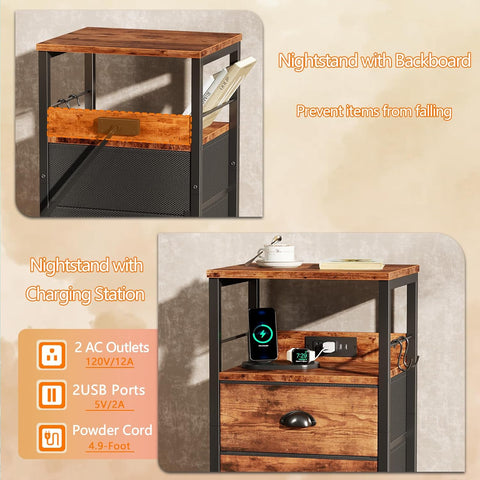 Furologee Nightstands Set of 2 with Charging Station, 2 Fabric Drawers