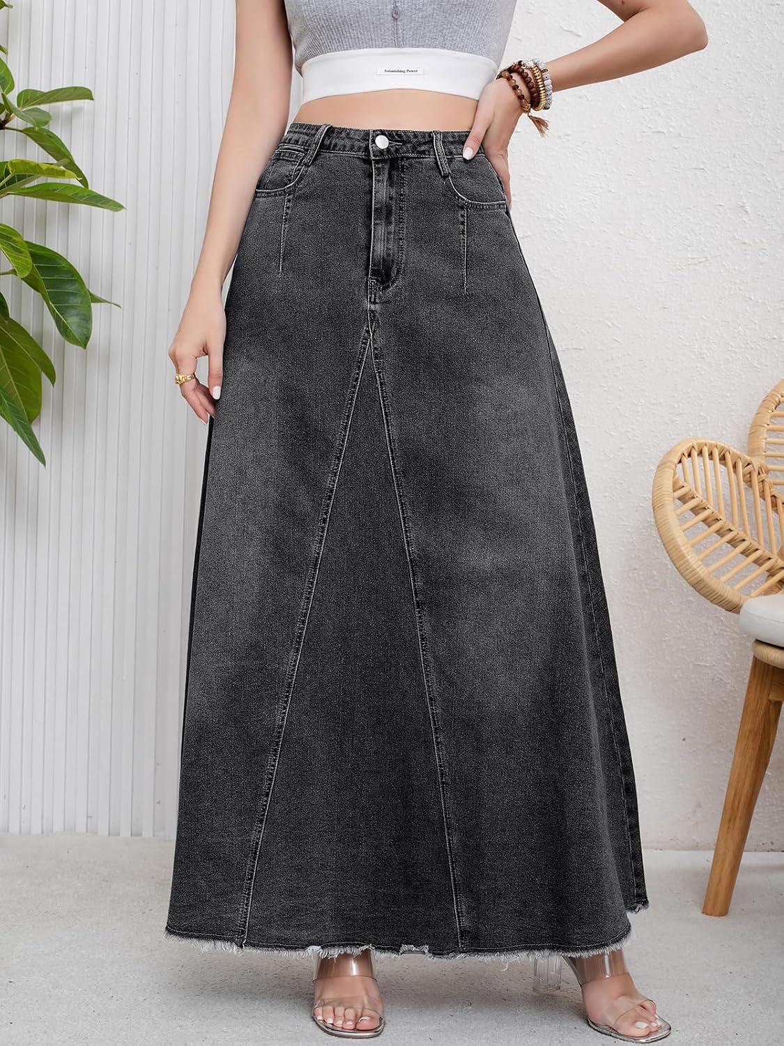 ebossy Women's Retro Distressed High Waist Frayed Hem A Line Wash Maxi Long Denim Skirt with Pockets