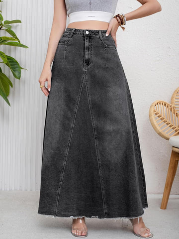 ebossy Women's Retro Distressed High Waist Frayed Hem A Line Wash Maxi Long Denim Skirt with Pockets