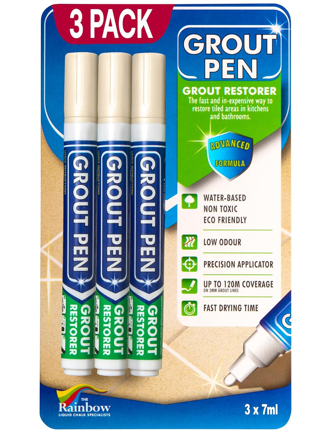 Grout Pen Cream Tile Grout Paint Marker - Narrow 5mm Tip (7mL) - 3 Pack