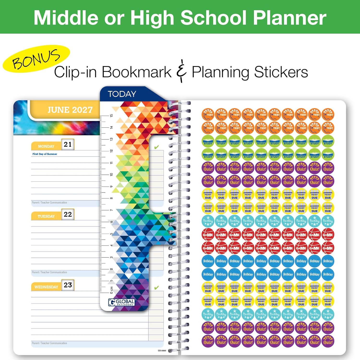 Global Datebooks 2026-2027 Middle & High School Student Planner 5.5" x 8.5" - Dated Weekly & Monthly Academic Planner with Ruler/Bookmark & Stickers, Ideal for Homework, Block Style, Galaxy