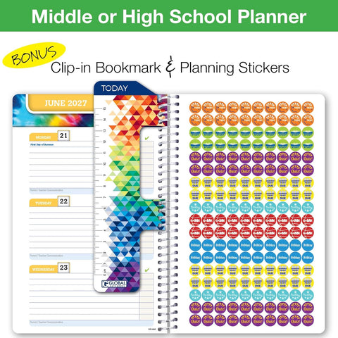 Global Datebooks 2026-2027 Middle & High School Student Planner 5.5" x 8.5" - Dated Weekly & Monthly Academic Planner with Ruler/Bookmark & Stickers, Ideal for Homework, Block Style, Galaxy