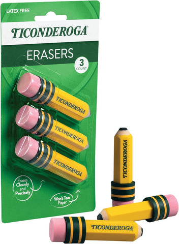 Ticonderoga Pencil Shaped Erasers, Yellow, 3 Count