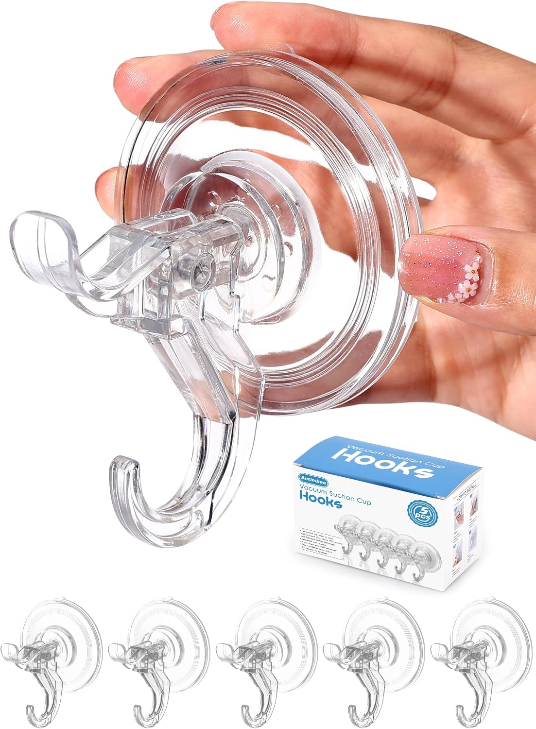 Antimbee 5 Pack Suction Cup Hooks, Reusable Clear Hanger, Max Load 11lbs