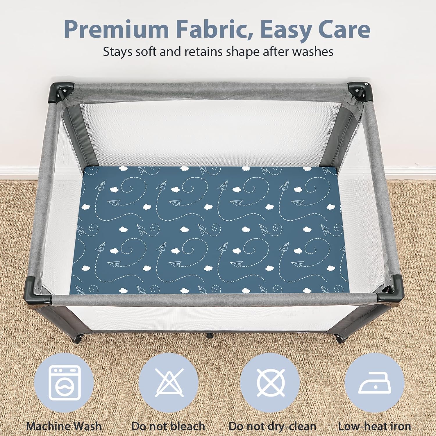 Baby Mini Crib Sheets Boy, Portable 38”x26” Pack and Play Sheets Fitted for Playard and Pack N Play Mattress, 3-Pack Soft Microfiber Blue Brown Stamp