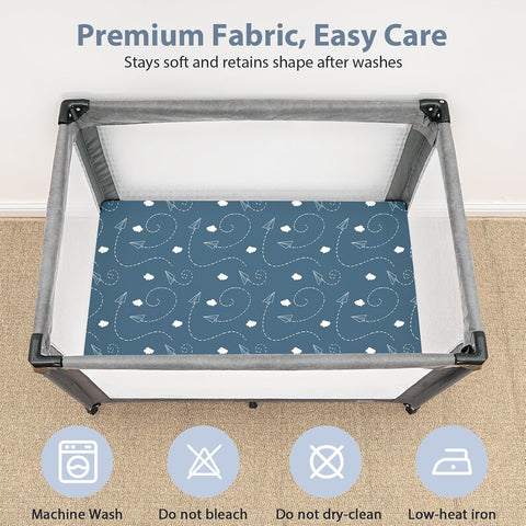 Baby Mini Crib Sheets Boy, Portable 38”x26” Pack and Play Sheets Fitted for Playard and Pack N Play Mattress, 3-Pack Soft Microfiber Blue Brown Stamp