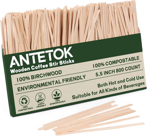 ANTETOK Wooden Coffee Stirrers - Coffee Stir Sticks 5.5 Inch,800pcs Disposable Swizzle Sticks,Swizzle Drink Sticks for Coffee,Tea,Cocktail and Hot Chocolate