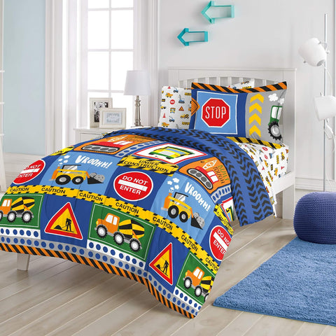 dream FACTORY Kids 5-Piece Complete Set Easy-Wash Super Soft Microfiber Comforter Bedding, Twin, Navy Blue Under Construction