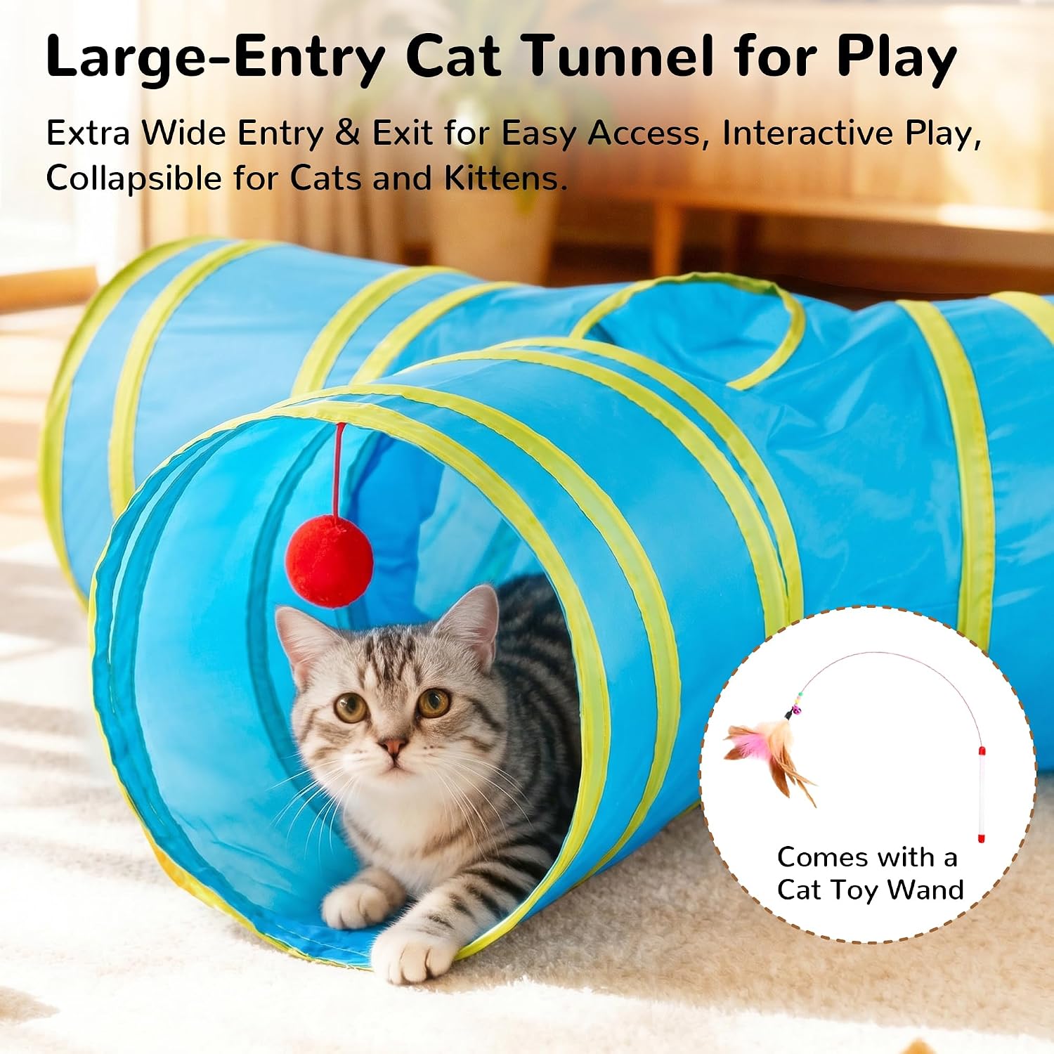 Tempcore Cat Tunnel, 3-Way Collapsible Toy for Indoor Cats, Blue & Yellow