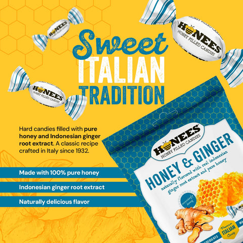 Honees Honey & Ginger Hard Candy Individually Wrapped | Natural & Healthy Candy, Italian Made with Real Honey & Indonesian Ginger, 1 Pack (2.85 oz)