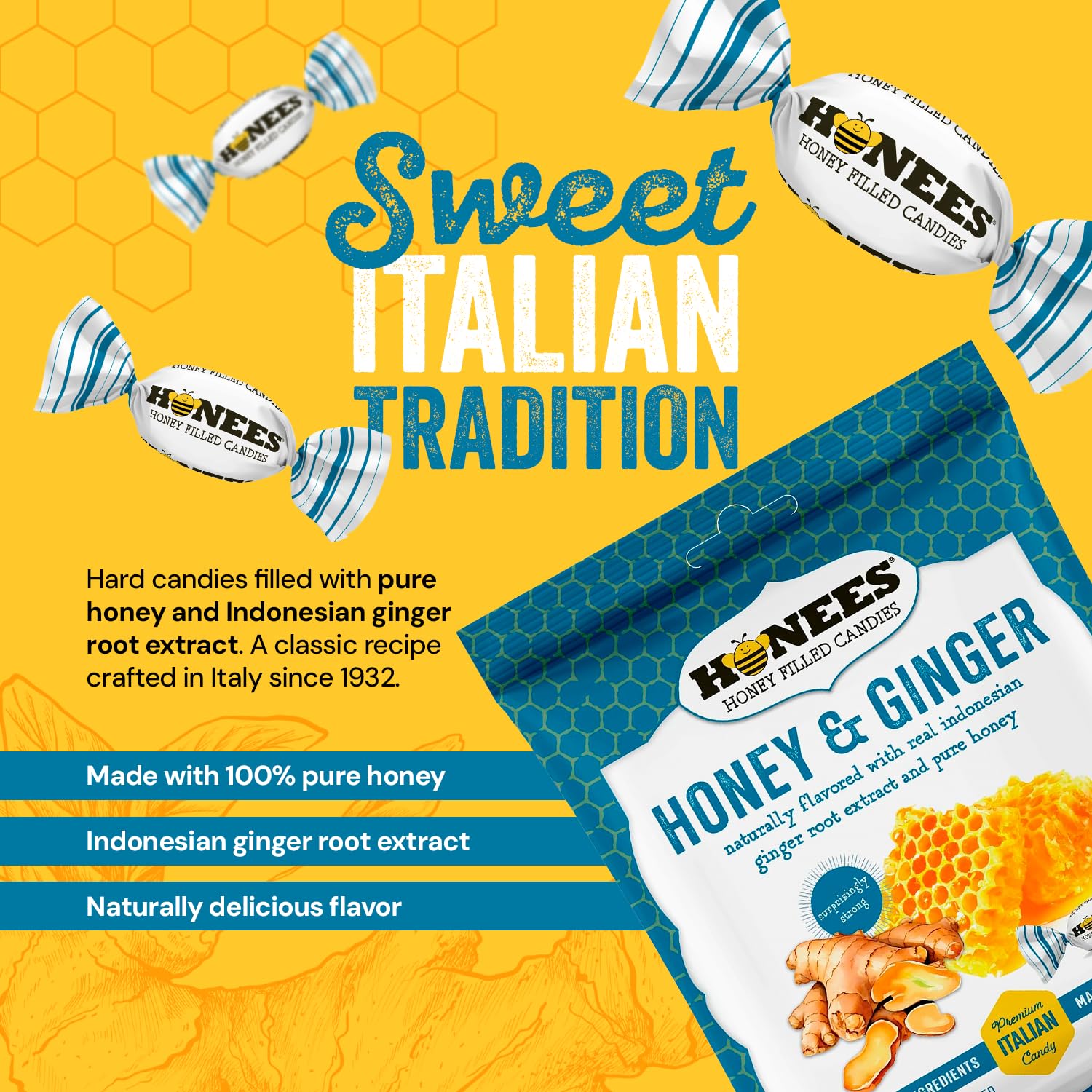 Honees Honey & Ginger Hard Candy Individually Wrapped | Natural & Healthy Candy, Italian Made with Real Honey & Indonesian Ginger, 12 Pack (34.2oz)