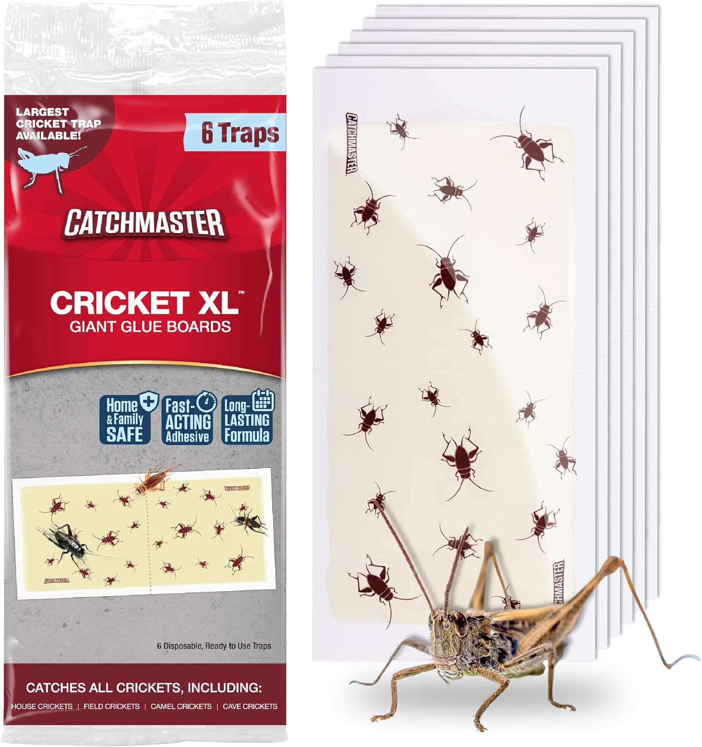 Catchmaster Cricket XL Giant Glue Boards 6-Pk, Adhesive Bug Catcher Cricket Traps Indoor, Sticky Trap for Inside Your Home, Bulk Insect Killer, Insect Traps for House & Garage, Pest Control for Home