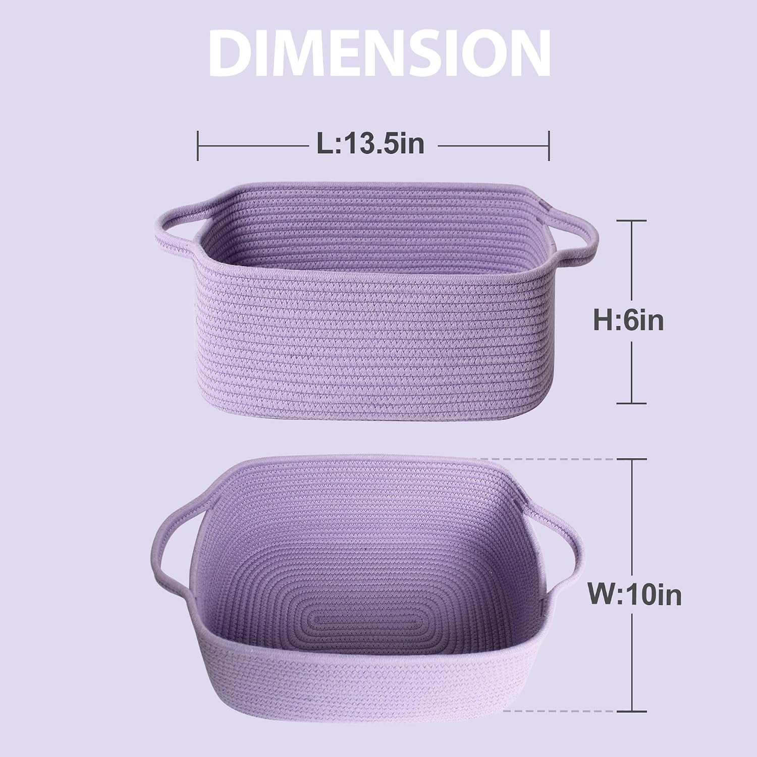 MEGASKET Purple Woven Basket, 13.5” x 10” x 6” Purple Empty Gift Basket to Fill, Decorative Cotton Rope Storage Bin for Organizing, Cute Baby Nursery Organizer, Rectangle Dog Toy Bin, Room Decor