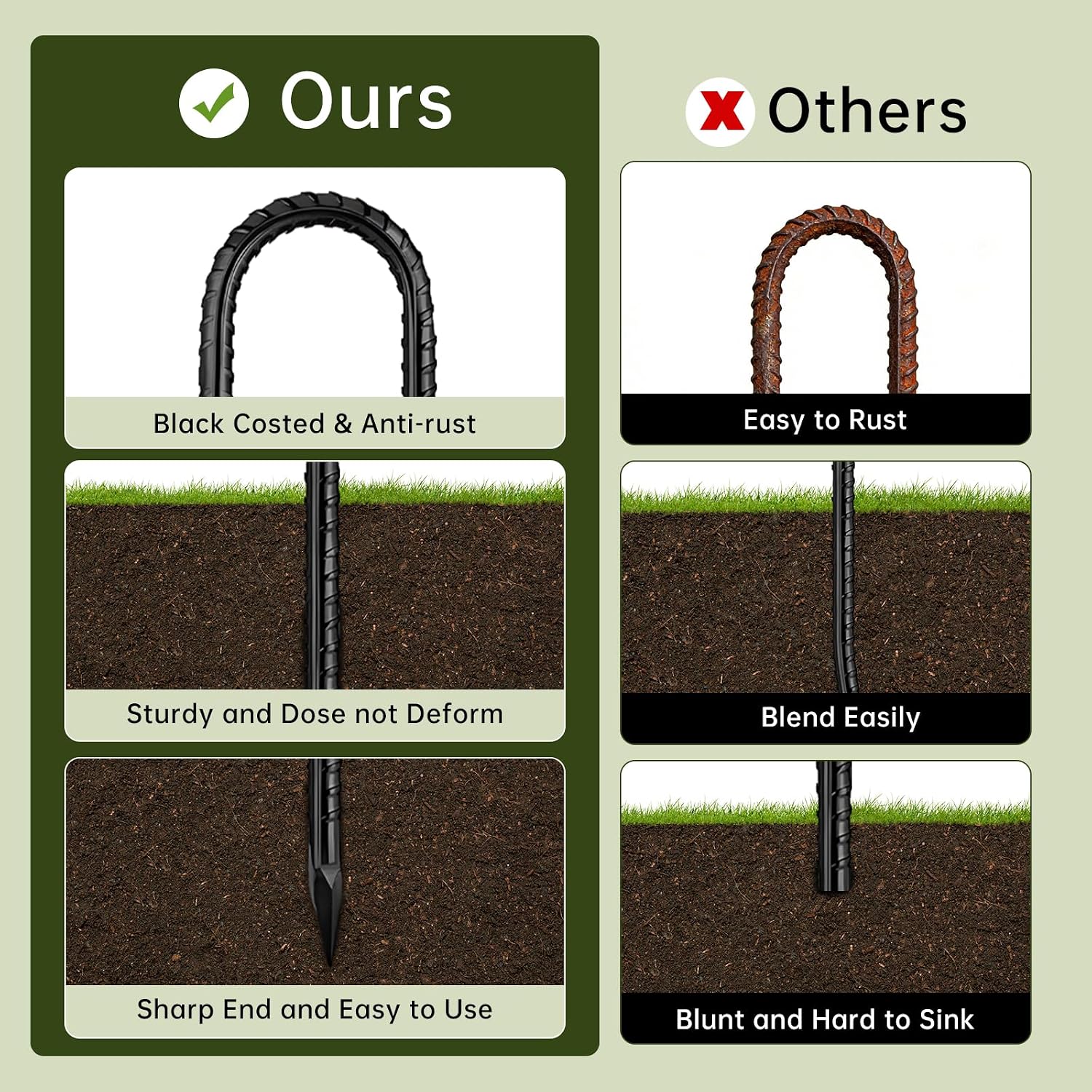 12 Inch Rebar Stakes, J Hook Ground Stakes 20 Pack Black Ground Anchors for Tent Heavy Duty for Plants Anti-Rust Landscape Fabric Artificial Turf