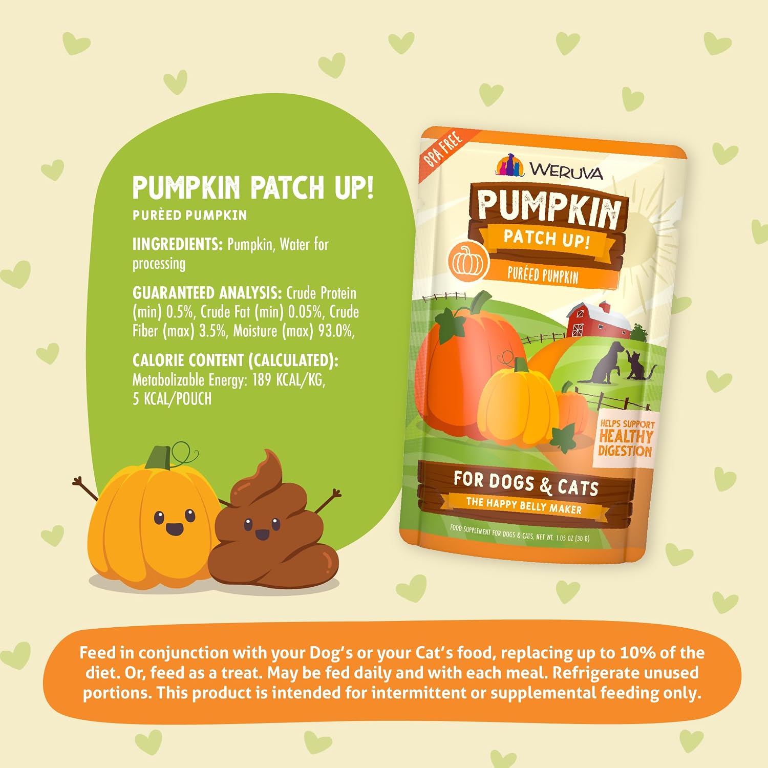 Weruva Pumpkin Patch Up! Pumpkin Puree Pet Food Supplement for Dogs & Cats, 1.05oz Pouch (Pack of 48)