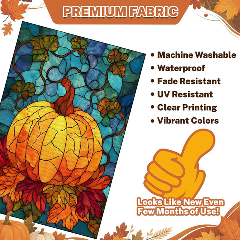 Fall Garden Flag 12x18 Inch for Outside Double Sided Fall Decorations Outdoor Yard Sign Stained Glass Pumpkin Maple Leaf Banner for Thanksgiving Autumn Decor