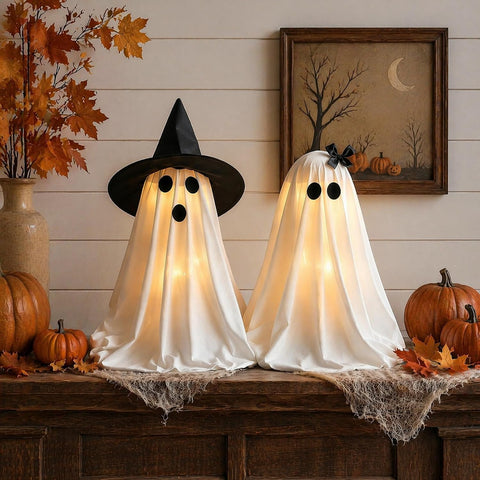 Halloween Decorations Light-Up Ghosts with Witch Hats, Indoor Ghost Decor