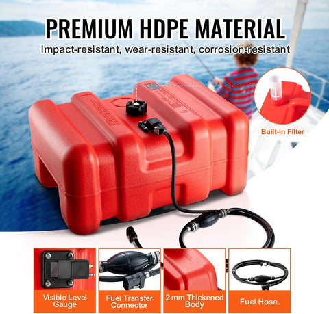 VEVOR Marine Tank, 14.53 Gallon/55L, Boat Tank with 9.8 ft Long Hose, Two-Way Vent Cap, High-Density Polyethylene, Leak-Proof, Visible Gauge, Easy to Carry, for Outboard Engine Fishing Boat Yacht