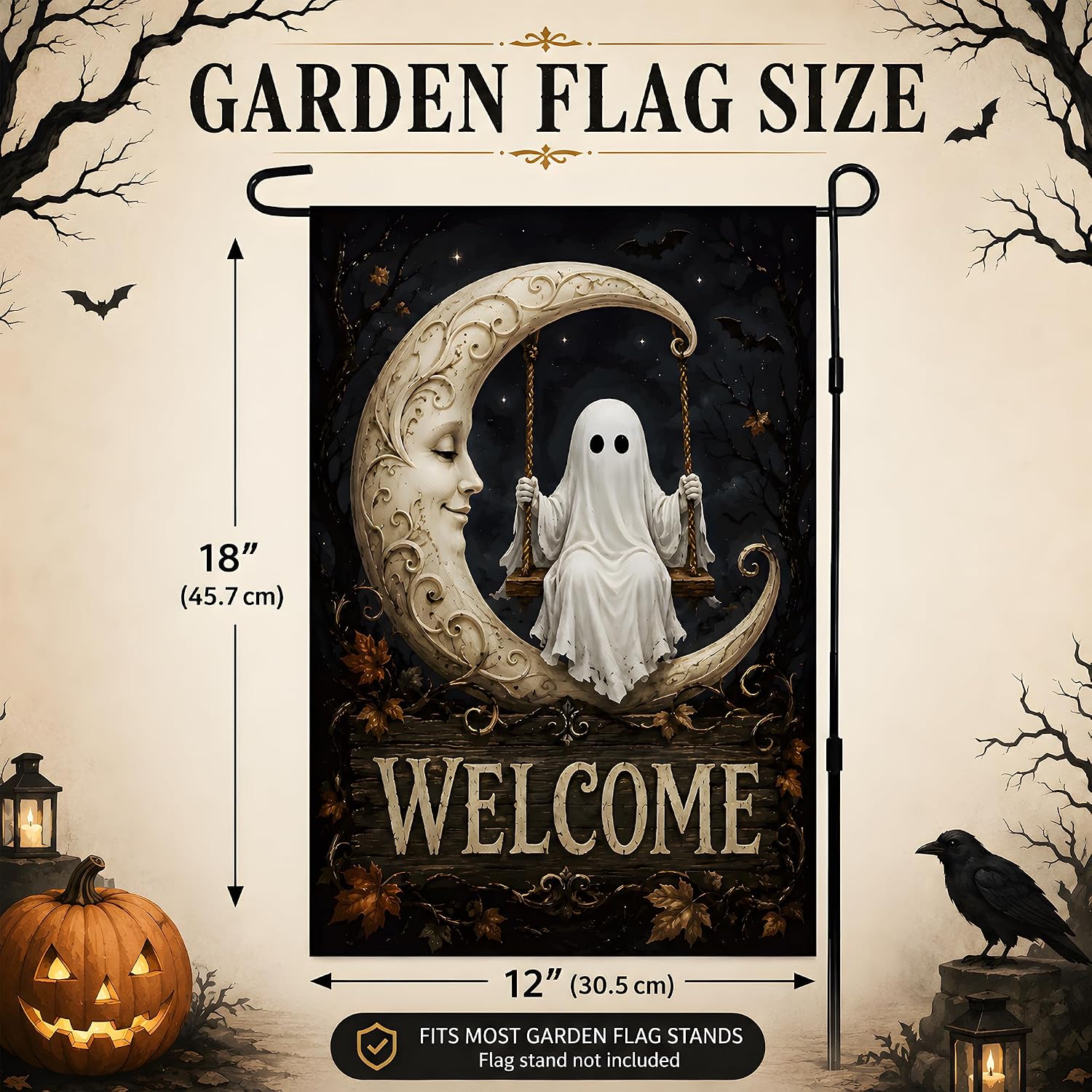 Halloween Decorations - Ghost Swinging on Moon Welcome Garden Flag