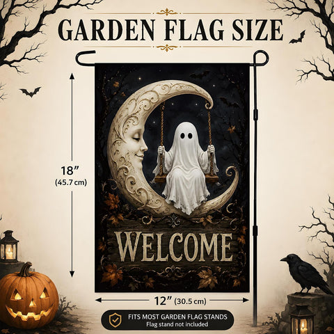 Halloween Decorations - Ghost Swinging on Moon Welcome Garden Flag
