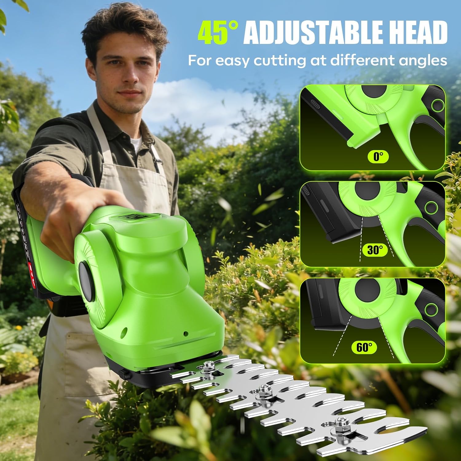 2-in-1 600W 21V Cordless Hedge Trimmer, Green