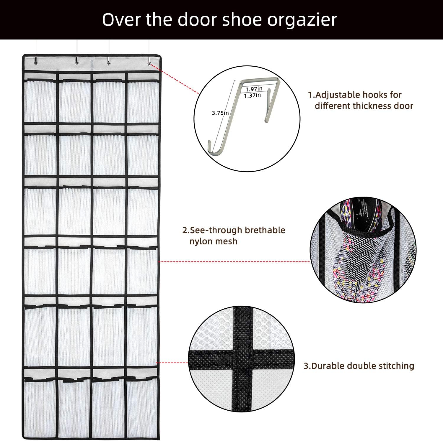 SAVERHO Over the Door Shoe Organizer, Hanging Shoe Organizer with 24 Mesh Large Pockets Door Shoe Rack Organizer for Men Women Kids Hanging Shoe Storage Bag.(White)