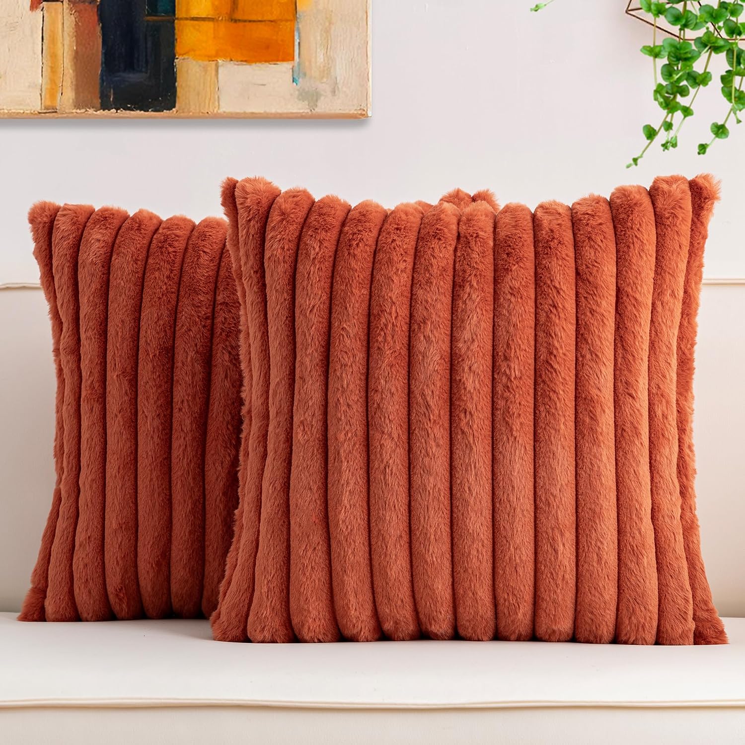 Aegero Pack of 2 Faux Fur Christmas Throw Pillow Covers 16x16 Inch, Rust