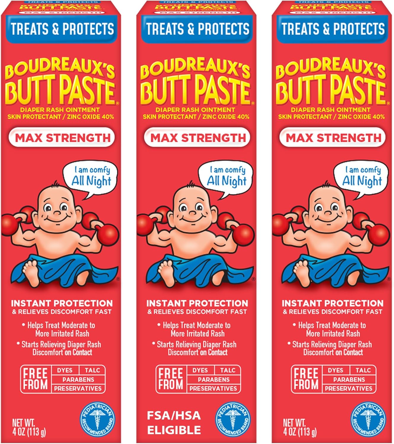 Boudreaux’s Butt Paste Maximum Strength Diaper Rash Cream, 4 Oz, Pack of 3