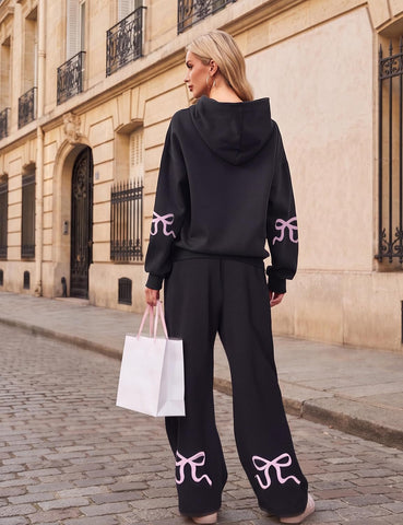 Livtany Women's 2 Piece Outfits Bow Trim Print Hoodie Sweatsuit Sets Oversized Sweatshirt Wide Leg Sweatpants With Pockets