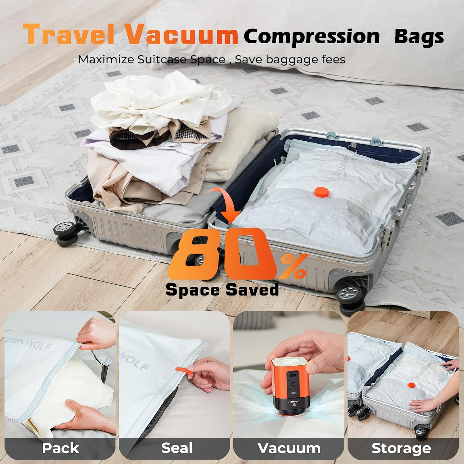 ETENWOLF 15 Combo Vacuum Storage Bags for Travel with Wireless Pump