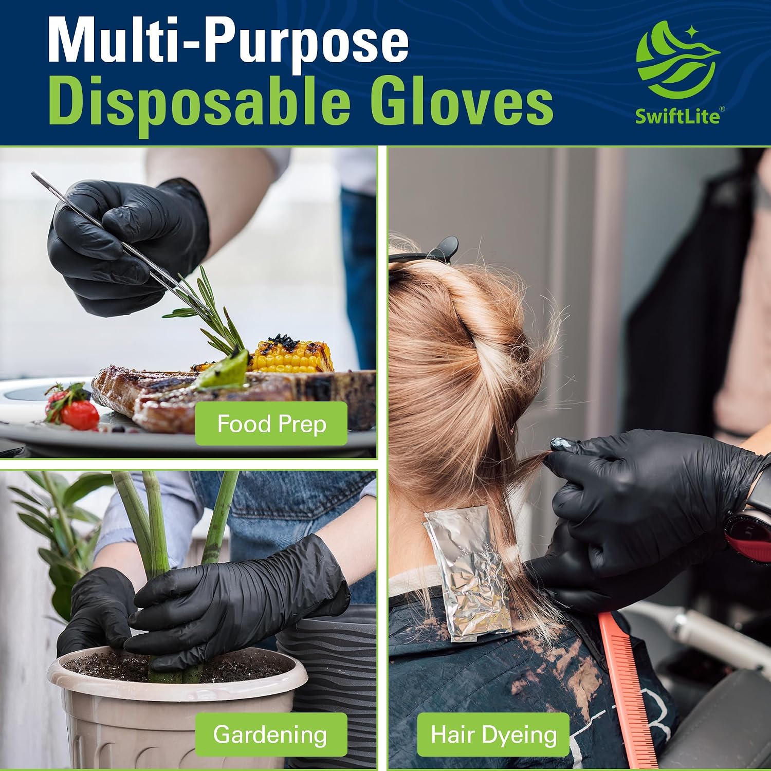 SWIFTLITE Black Nitrile Gloves Disposable Latex Free, Food Safe
