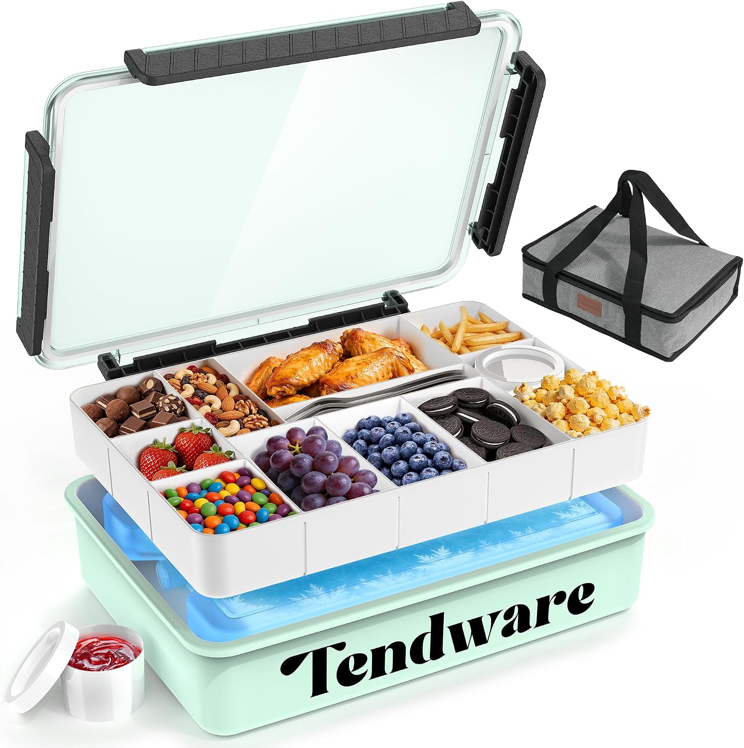 Chilled Snackle Box Container with Ice Pack, Divided Tray with Clear Lid & Bag, 8+Hrs Cooling, Beach Road Trip Essential for Family, Travel Snack Container for Picnic Camping Tailgate, Gifts for Women