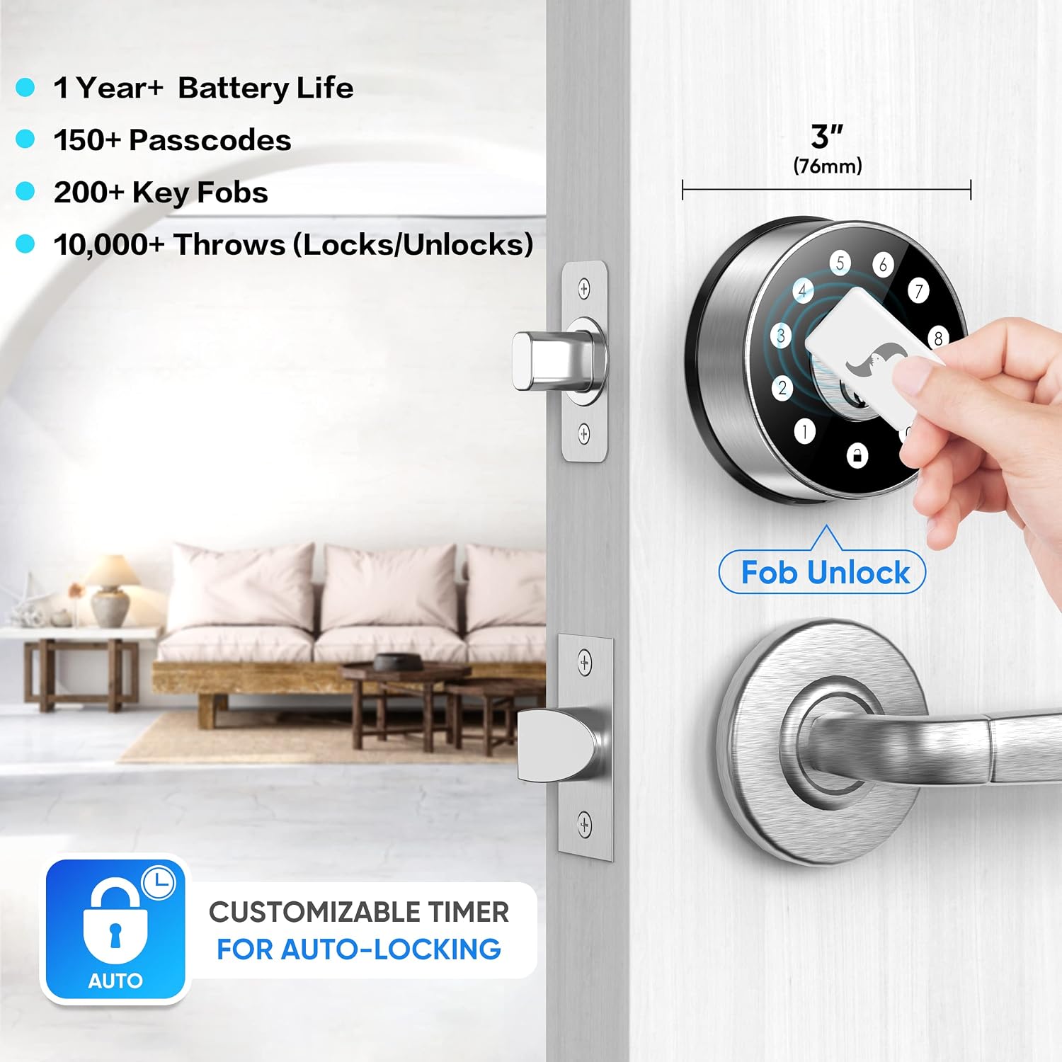 Keyless Deadbolt Smart Door Lock: Sifely Digital Keyless Entry Door Lock for Front Door, Code & Fob Access, App Control, Auto Lock, Easy to Install (Silver)
