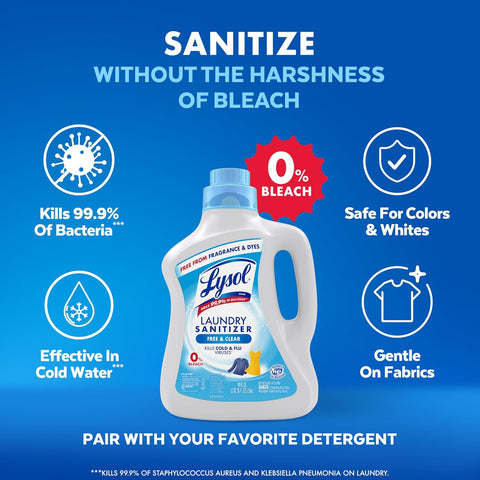 Lysol Laundry Sanitizer Additive, Free & Clear, Free from Fragrance and Dyes, 0% Bleach Laundry Sanitizer, Bacteria-causing Laundry Odor Eliminator, Unscented, 90 Fl Oz (Pack of 1) - Package May Vary