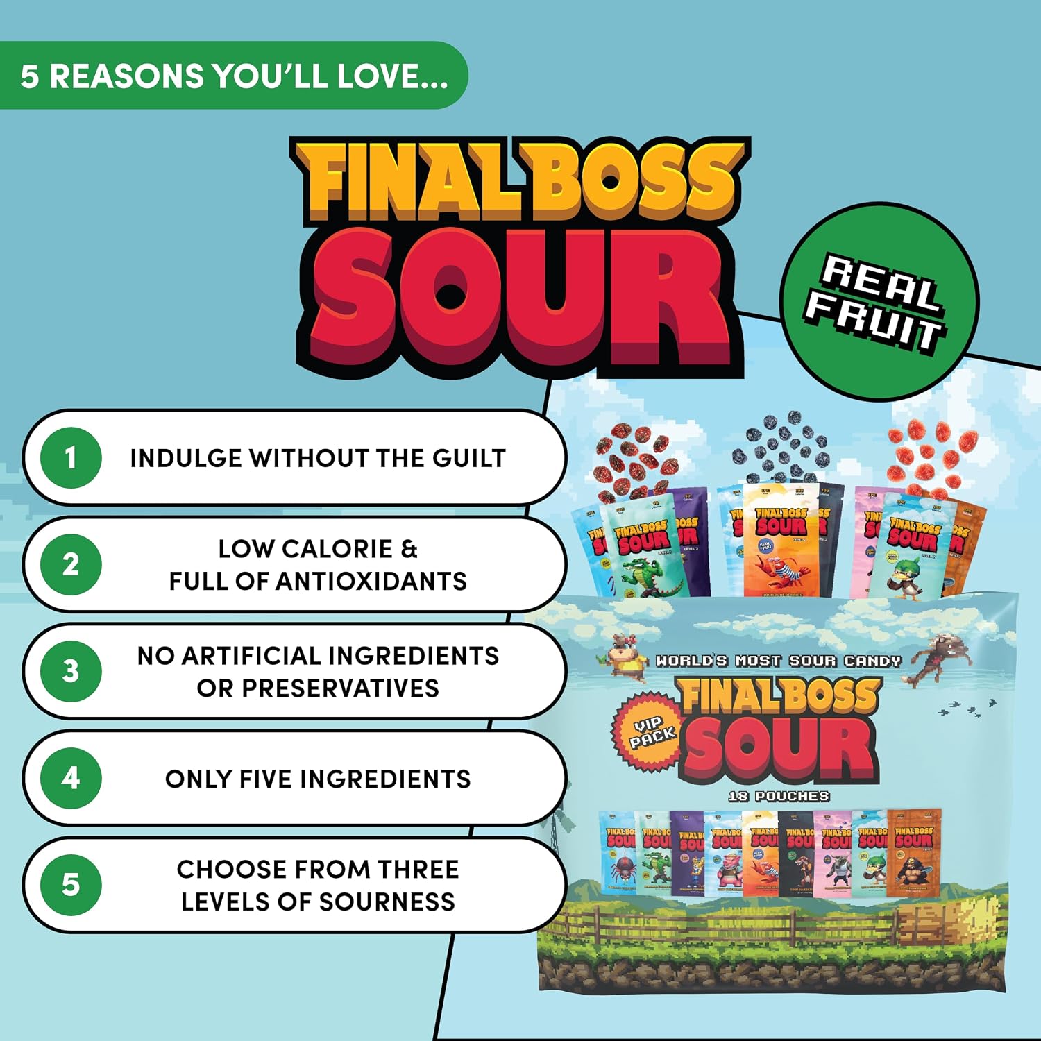 Final Boss Sour Fruit Candy, Berries Variety, All Levels, 18 Pack
