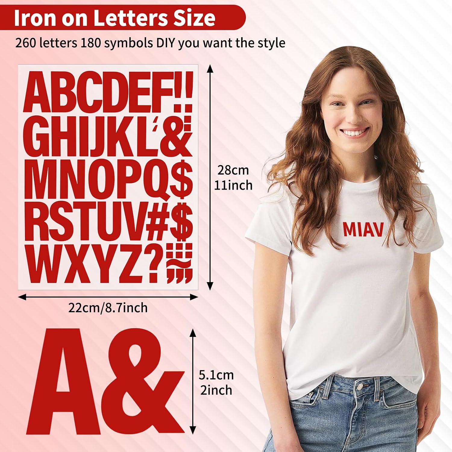 10 Sheets 440 Pieces Iron on Letters for Clothing, 2 Inch Heat Transfer Letters, Red Iron on Vinyl Letters with A-Z PU Alphabets Sticker for Fabric, Jersey T-Shirt Printing DIY Craft