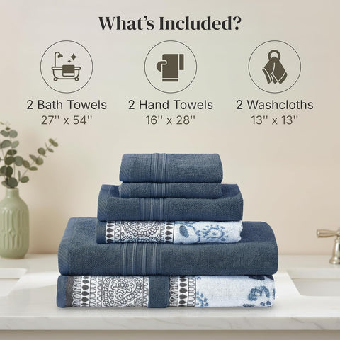 Modern Threads 6 Piece Bath Towel Set – Bathroom Set with 2 Bath Towels, 2 Hand Towels, and 2 Wash Cloths – 100% Cotton, Super Absorbent & Extra Soft – Reversible Floral Trail (Navy)