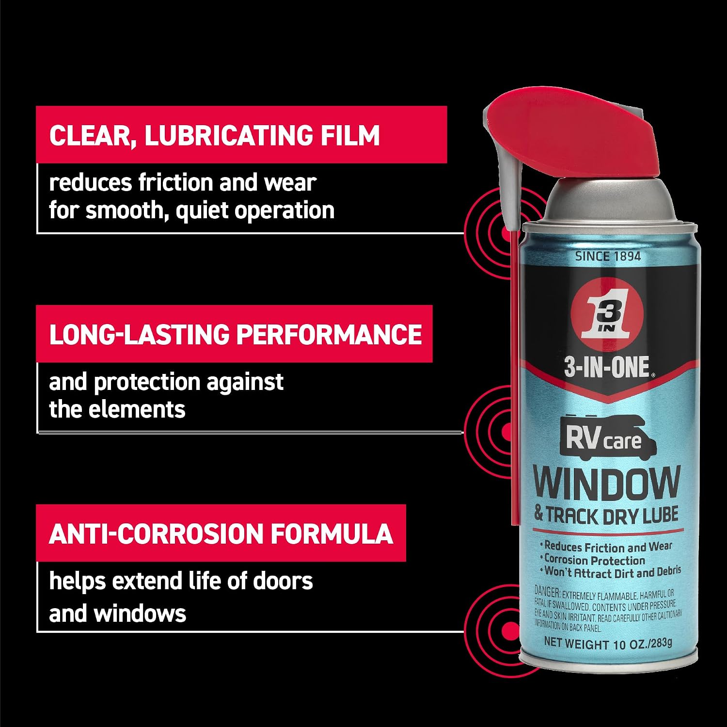 3-IN-ONE RVcare Window & Track Dry Lube with SMART STRAW SPRAYS 2 WAYS, 10 OZ