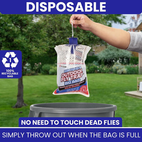 Fly Traps Outdoor Fly Trap for Patio. 4 Large Non-Toxic Pre-Baited Flies Bags Outdoor Disposable. Big Hanging Bug Catchers for All Filth Flies Killer for Outside Bug Control in Yard Horse Ranch.