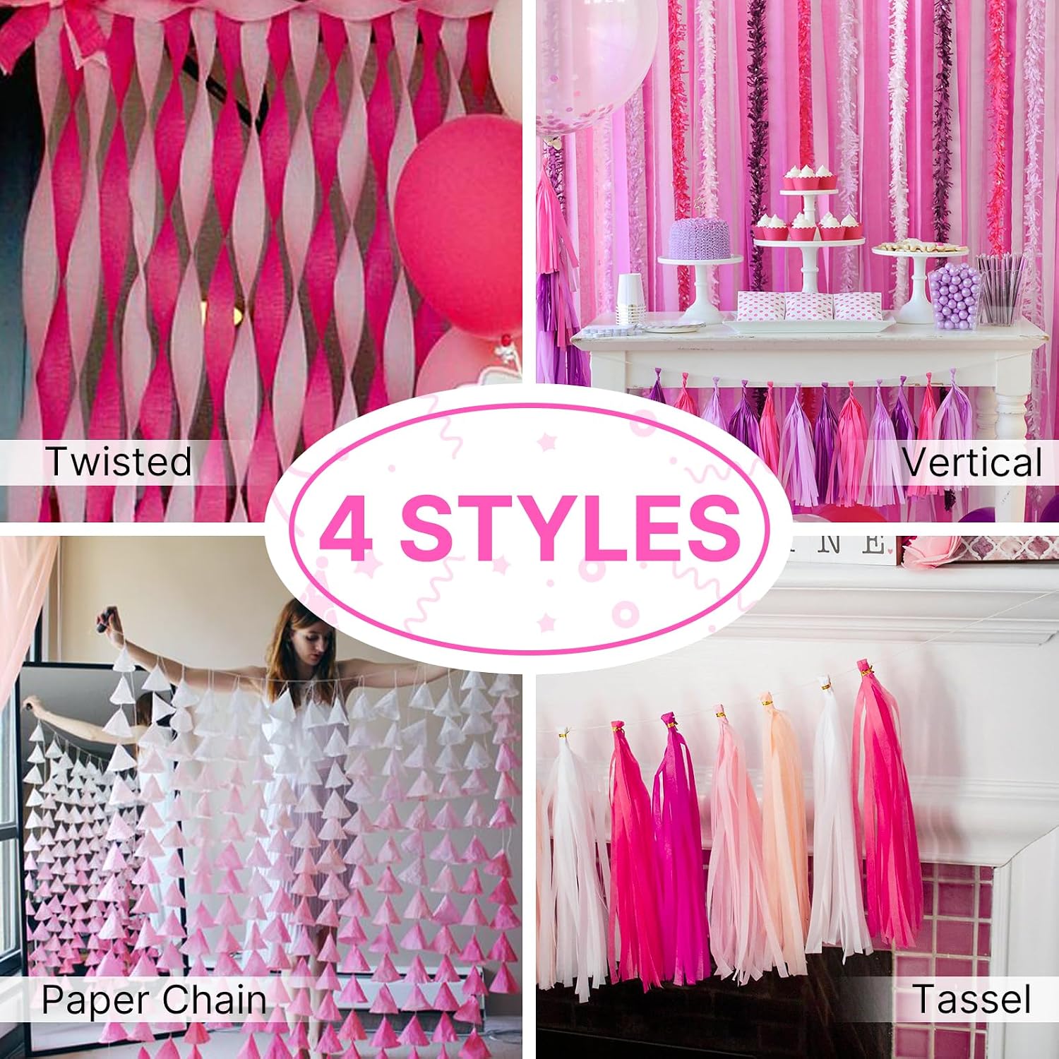 PartyWoo Pink Crepe Paper Streamers 8pcs 656 FT Red White Streamers