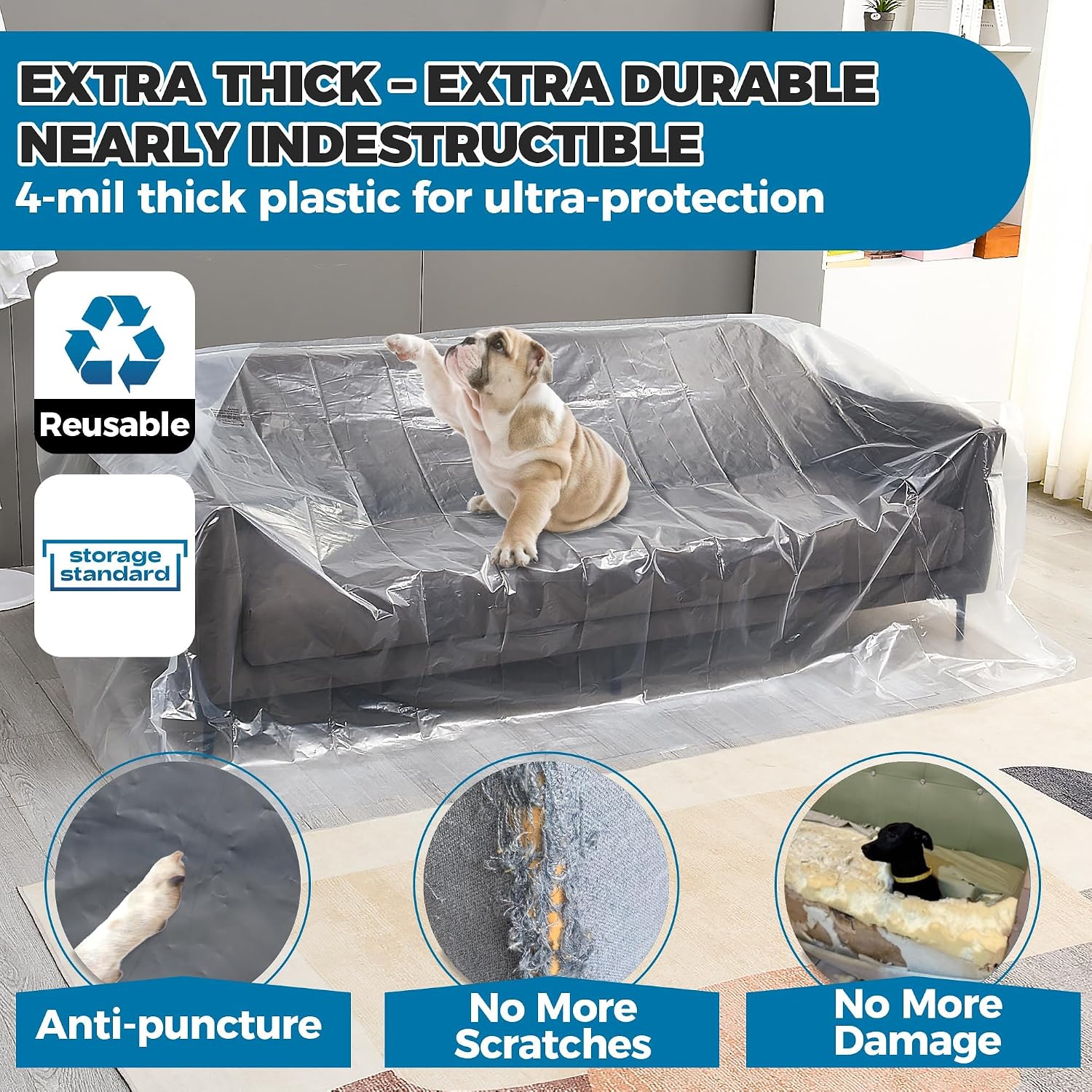 Plastic Furniture Covers for Moving - Heavy-Duty Couch Cover for Sofa, Waterproof & Dustproof Clear Moving Bags for Renovation, Wrap or Storage - Extra Large Bag Open Size 96 x 42 x 62 Inch