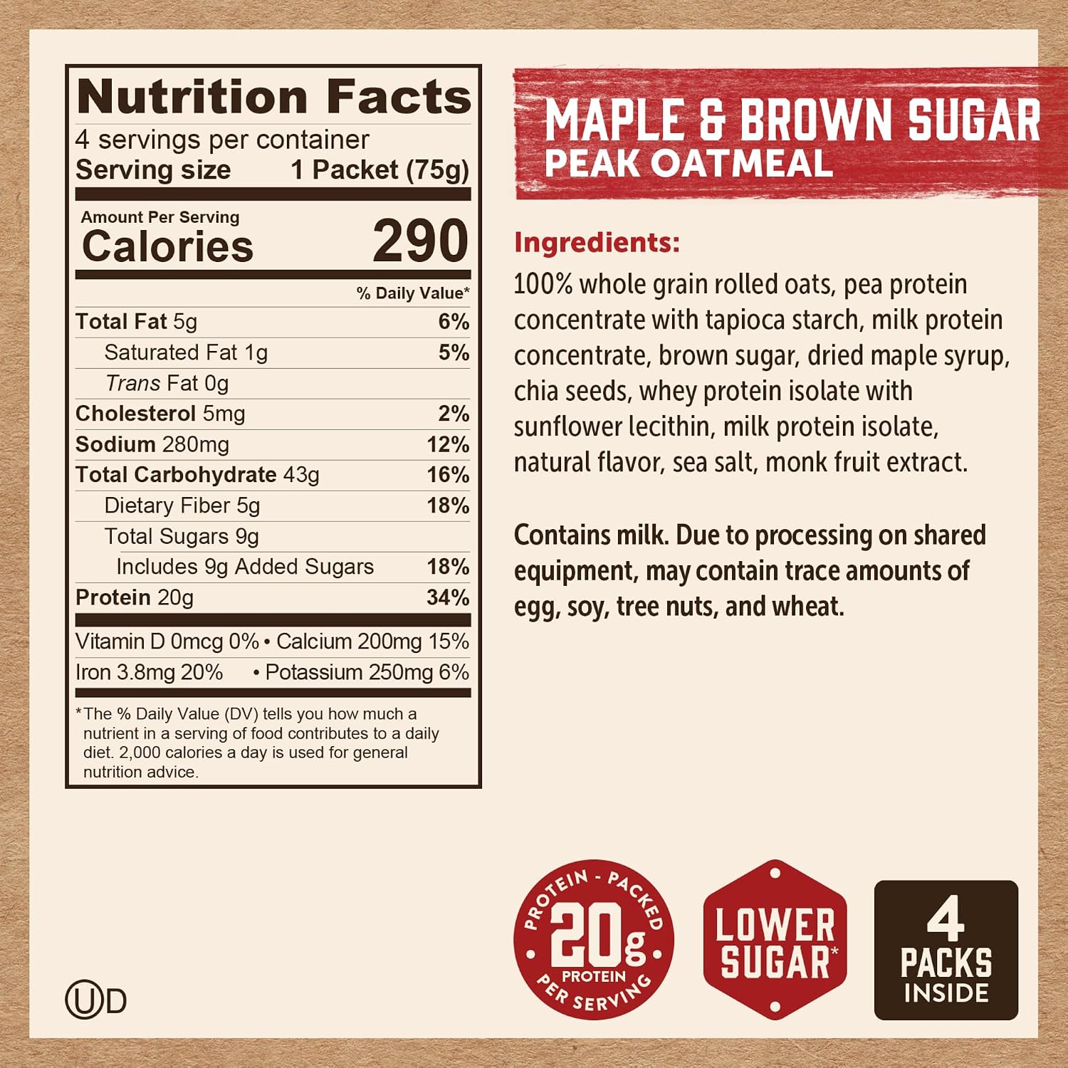 Kodiak Peak Instant Oatmeal, Maple Brown Sugar, High Protein, 6pk